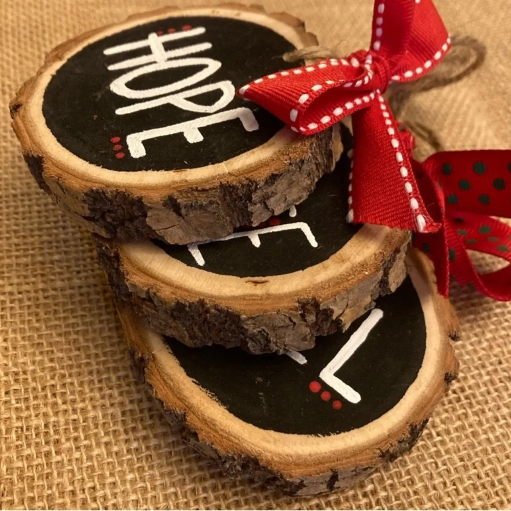 Wood Slice Ornament Set  - Hope, Peace, Noel - Christmas Ornaments with Red Bows
